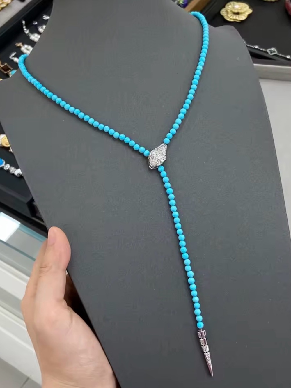 Turquoise Bead Lariat Necklace with Pave Snake Accent